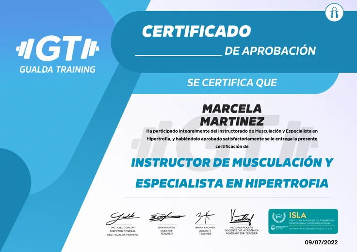 Instructorado en Musculación y Especialista en Hipertrofia, Gualda Training